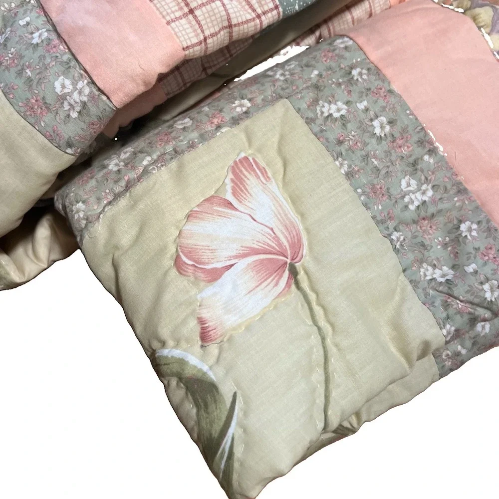 Vintage Sunham Queen Comforter Shams Tulip Floral Patchwork Sage Pink Cottage